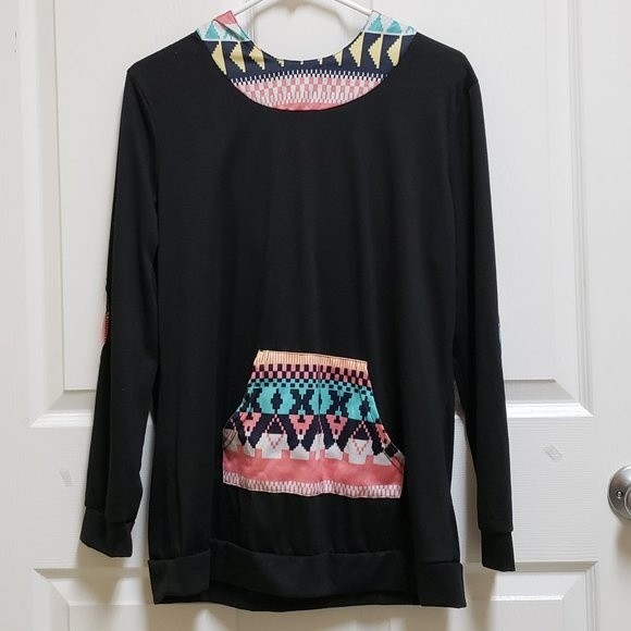 Arden Furtado Hoodie Women's XL Black Multi Aztec Print Kangaroo Pocket Artsy - Picture 1 of 5